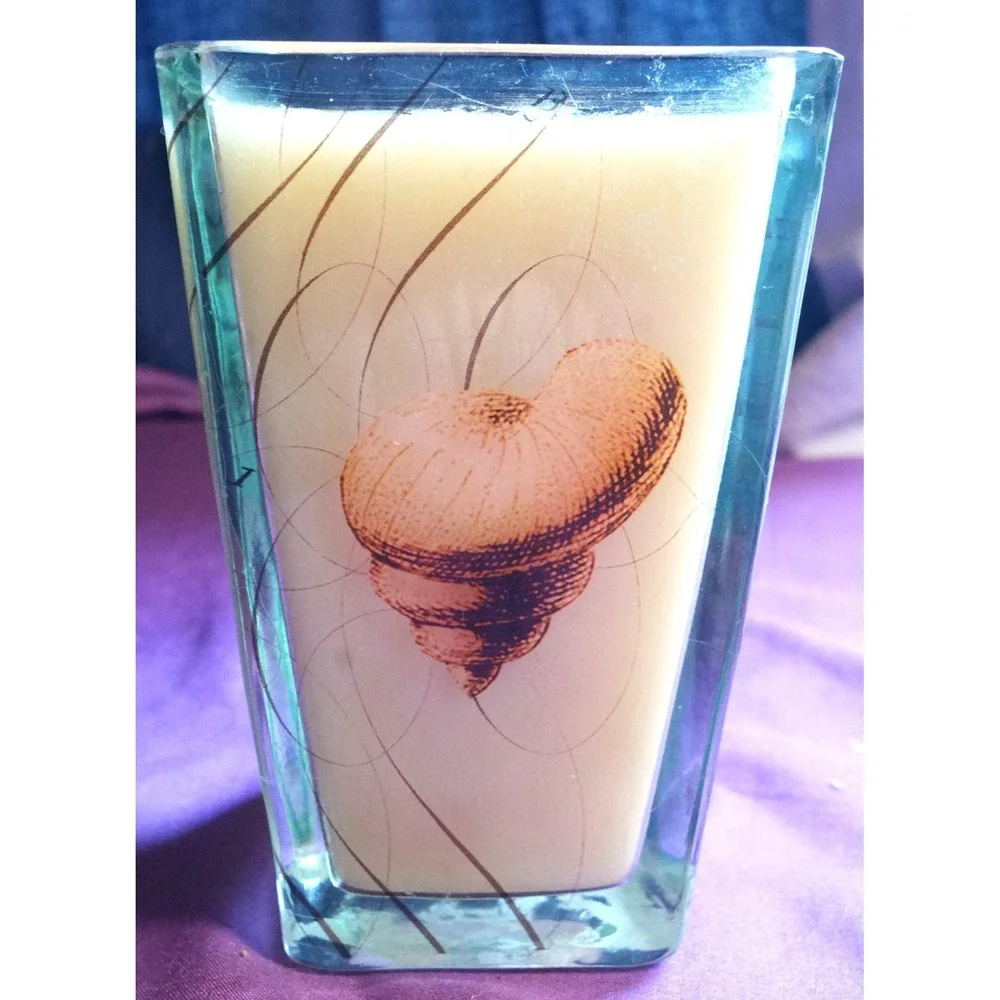 VTG Hurricane Candle in Glass Holder Scintific/Botanical Seashell Print Seahorse